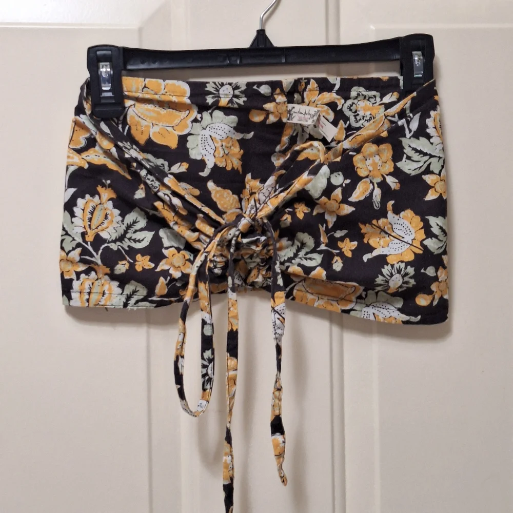 Free People Floral Tie-Front Halter Crop Top in Brown and Yellow